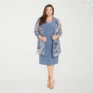 R&M Richards 20W 2 Piece Jacket Dress Set Steel Blue Floral NWT Formal